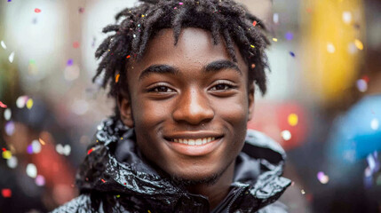 Smiling person in black jacket surrounded by colorful confetti outdoors. Concept of joy and celebration.