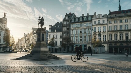 Fototapeta premium Cyclist riding through a city park with a fountain