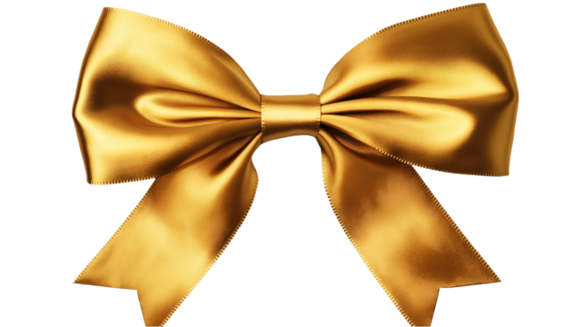 Gold bowtie with intricately tied ribbon on isolated transparent background. Close-up of shiny gold bow, satin ribbon, elegant design. Isolated object for decoration, gift, or celebration. Alpha mask.