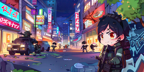 Fototapeta premium Urban Hostile Environment Awareness: A city street at night, with graffiti, abandoned vehicles, and a group of soldiers on high alert.