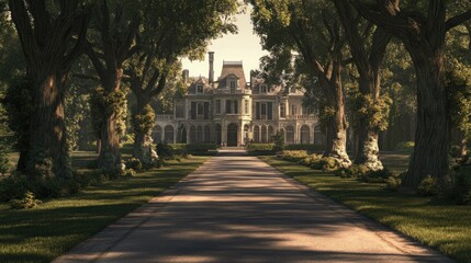 Obraz premium A grand, stone mansion with a long driveway lined by trees, leading to the front entrance.