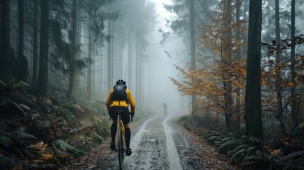 Obraz premium Cyclist riding through a foggy forest in the early morning