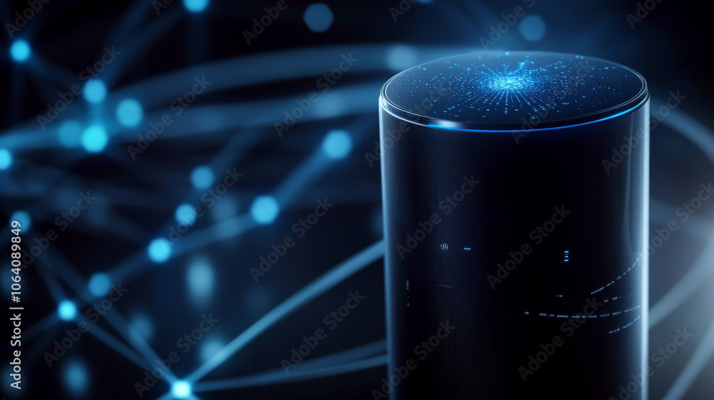 Poster a cylindrical smart device emits a blue glow in a network-like setting. concept of technology and co