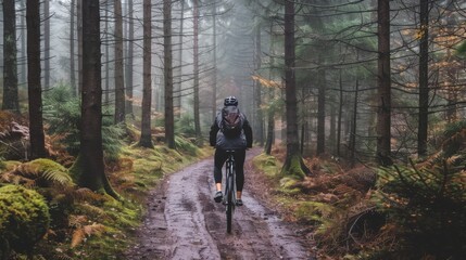 Cyclist riding through a forest with a dirt path