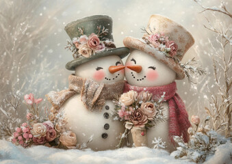 Adorable Snowman Couple in Winter Wonderland with Floral Accents and Cozy Scarves
