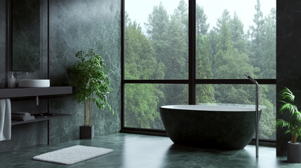 Luxurious bathroom with dark tub, plants, and large window overlooking trees. Concept combines nature and modern interior.