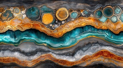 Abstract agate stone with swirling patterns of blue, gold, and orange.