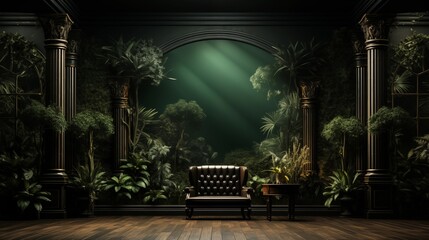 Obraz premium Modern interior background in dark green tones, providing a sophisticated and calming ambiance.
