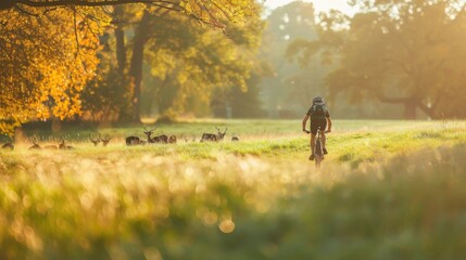 Cyclist riding through a meadow with grazing deer