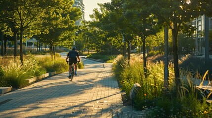 Cyclist riding through a modern urban park