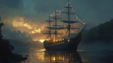 Fototapeta premium A majestic sailing ship with lights on its mast, anchored in a calm river at sunset. The sky is full of dramatic clouds.