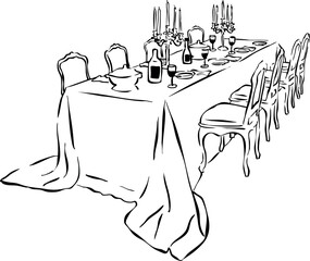 Ilustración vectorial de paisaje de mesa con copas, vino y velas. Arte en líneas de mesa de cena. Dibujo a mano de mesa para diseño de invitaciones, branding papelería, imprimibles, redes sociales