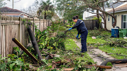 Asian woman in blue uniform clearing storm debris from a suburban backyard.