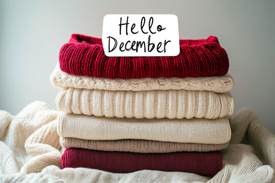 Stack of cozy folded sweaters in red and neutral tones with a "Hello December" sign on top, creating a warm and festive winter atmosphere