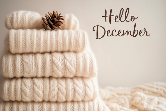 Stack of cozy, folded cream-colored knitted sweaters with a pine cone on top and "Hello December" text, creating a warm and inviting winter atmosphere - Powered by Adobe