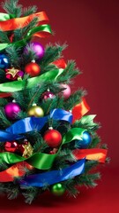 Vibrant Colorful Christmas Tree Festive Christmas tree decorated with colorful ribbons and ornaments.
