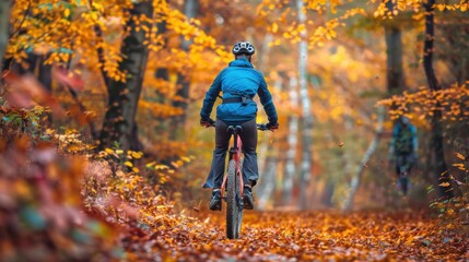 Fototapeta premium Cyclist riding through an autumn forest with colorful leaves