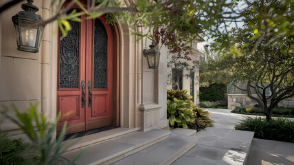 Fototapeta premium Elegant entrance featuring striking red double doors, surrounded by lush greenery and decorative lanterns, creating a welcoming atmosphere in a beautifully landscaped setting.