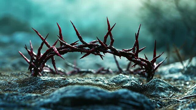 A crown of thorns lies on the ground, a symbol of suffering and sacrifice