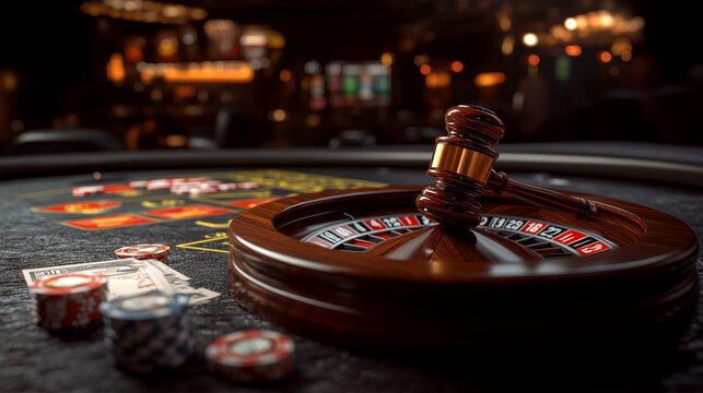 Roulette wheel on a casino table with a gavel resting on it, surrounded by poker chips and cash. Concept of gambling, law, and justice.
