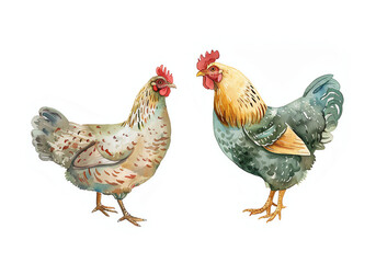 Fototapeta premium Watercolor illustration of a rooster and a hen standing together on a white background