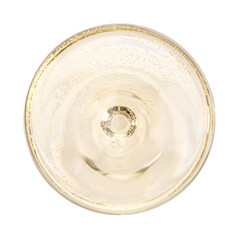 Champagne in glass isolated on white, top view