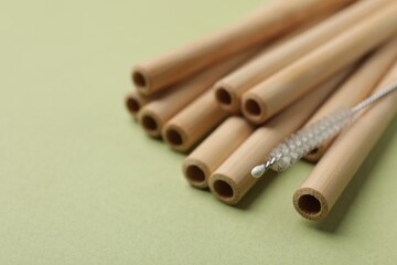 Bamboo drinking straws and cleaning brush on green background, closeup. Space for text