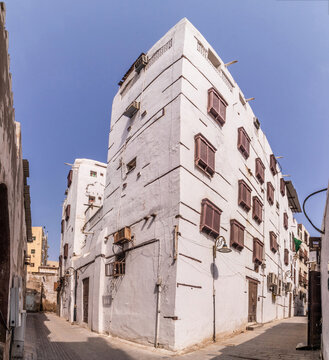 Traditional houses in Al Balad,  historic center of Jeddah, Saudi Arabia