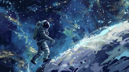 Fototapeta premium Digital artwork featuring an astronaut floating in space, marveling at Earth's splendor in the vast expanse of the universe