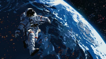 Digital artwork featuring an astronaut floating in space, marveling at Earth's splendor in the vast expanse of the universe