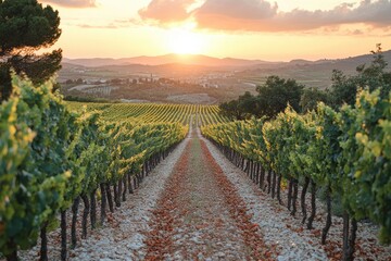 Naklejka premium Beautiful vineyard. Travel around Tuscany, Italy. Landscape of vineyards in the wine country of Tuscany, Italy at sunrise. The vineyards of Tuscany are home to Italy's most famous wines
