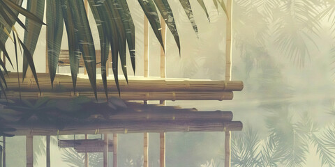 Indigo Island of Healing: A tropical paradise with a floating clinic made of bamboo and palm fronds.