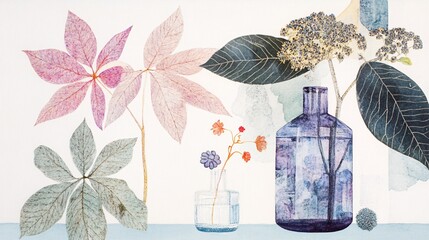 Botanical Still Life: Delicate Floral Arrangement with Pink Leaves and Blue Bottles