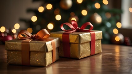 Christmas Gifts with Gold and Red Ribbons in Front of a Glowing Holiday Tree .