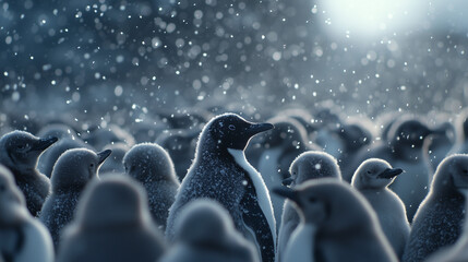 Obraz premium Penguin Colony Huddling for Warmth in Snowfall