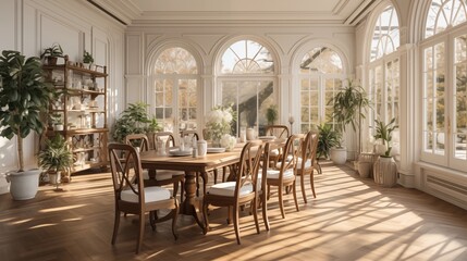 Elegant dining room with wood and marble furniture, light-colored fronts, white walls, and parquet flooring.