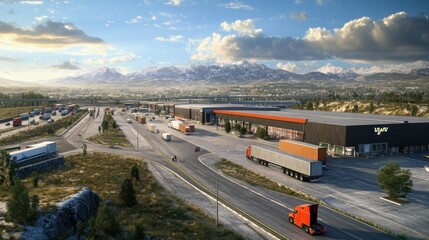 A large warehouse with trucks and cars loading and unloading goods, with a mountain range in the background.