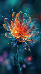 A beautiful illuminated flower glows with vibrant colors in a dreamy setting. The petals sparkle with water droplets, accentuating its delicate nature. Ideal for nature enthusiasts. AI