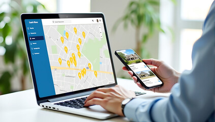 A man holding a phone with the map on it, and next to him is his laptop showing real estate images, smartphone with property listings, yellow location pins, modern workspace, house hunting