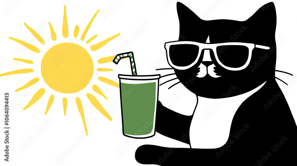 Poster charming cat enjoying a refreshing drink in the sunshine generative ai