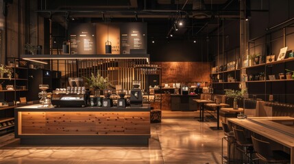 Dark-themed loft cafe interior with an open layout, displaying various coffee choices and providing a cozy atmosphere for enjoying a coffee shop setting
