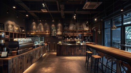 Dark-themed loft cafe interior with an open layout, displaying various coffee choices and providing a cozy atmosphere for enjoying a coffee shop setting
