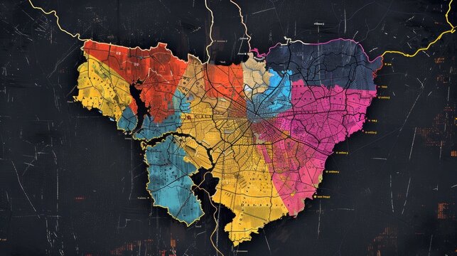 Colorful District Map Illustrating Gerrymandering Concept
