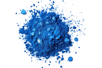 Close-up view of vibrant blue powder scattered on alpha background. Small round particles overlap, creating depth, texture. Powder details visible from elevated angle, varying particle positions add