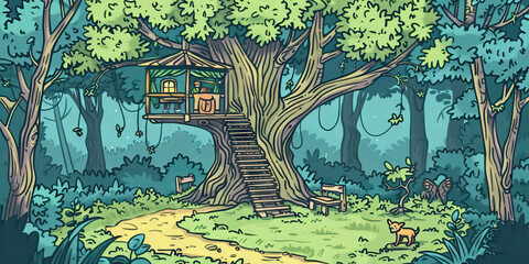 A treehouse clinic in a jungle, where a doctor assesses injured animals' wounds and administers appropriate treatment.