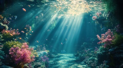 Fototapeta premium Sunbeams illuminate a vibrant underwater coral reef teeming with colorful fish.
