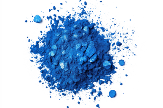 Close-up view of vibrant blue powder scattered on alpha background. Small round particles overlap, creating depth, texture. Powder details visible from elevated angle, varying particle positions add