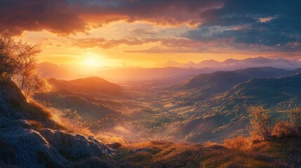 Fototapeta premium A breathtaking sunset over a mountain range, with the sun casting golden light on the landscape.