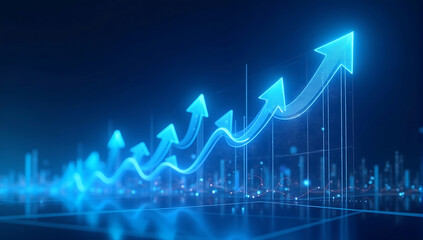 Fototapeta premium A blue background with arrows pointing upwards or business success in the financial industry graph show upward trends, ascending line graph, holographic arrows, cryptocurrency market trends