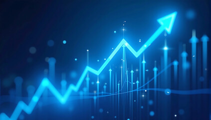 A blue background with arrows pointing upwards or business success in the financial industry graph show upward trends, ascending line graph, holographic arrows, cryptocurrency market trends